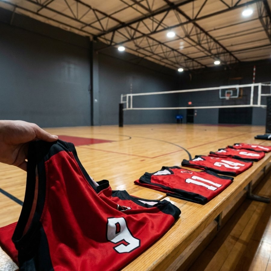 Team jerseys on the bench
